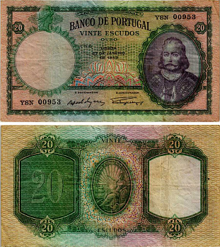 Португалия 20 эскудо 1959 27 января 1959, Антониу Луис де Менезес, 1-й маркиз Мариалва Pick 153b бумага 6281-25-3-2