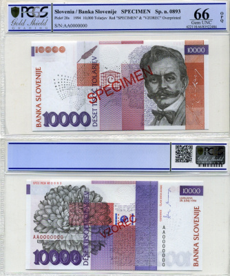 Словения 10000 толаров 1994 Иван Цанкар (1876-1918), Specimen, образец, в слабе PCGS 66 Gem UNC Pick 20s бумага UNC (пресс) 452-1-35