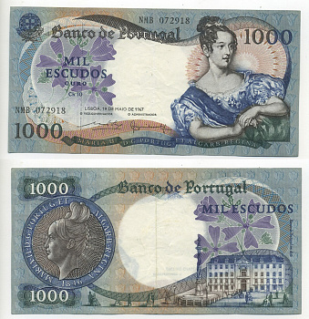 Португалия 1000 эскудо 1967 королева Мария II, Центральный банк, Emílio Rui da Veiga Peixoto Vilar, Joaquim Cavaqueiro Mestre Pick 172 b(2) бумага 451-414-3