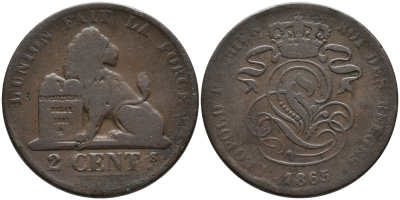 БЕЛЬГИЯ 2 САНТИМА 1865 BELGES KM 4.2 медь 95-652