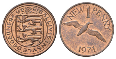 Гернси 1 новый пенни 1971 Елизавета II (1952-2022), северная олуша в полете KM 21 бронза 4682-465