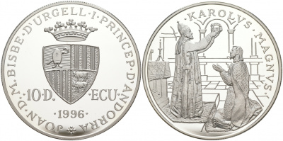 Андорра 10 динеров 1996 папа Лев III коронует Карла Великого, ECU KM 121 серебро PROOF 11-073-12