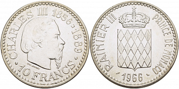 Монако 10 франков 1966 100 лет восхождению на престол Карла III KM 146 серебро UNC 06-255-23