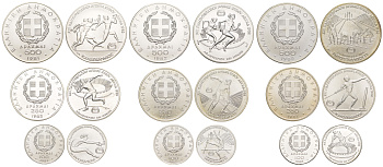 Греция официальный набор из 9 монет номиналом 100, 250 и 500 драхм 1981-1982 XIII Пан-Европейские игры KM 135, 136, 137, 138, 139, 140 серебро  UNC  14-01-06-02