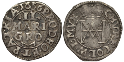 КЁЛЬН АРХИЕПИСКОПСТВО 2 МАРИЕНГРОША 1656 МАКСИМИЛИАН ГЕНРИХ БАВАРСКИЙ (1650-1688) Noss 493 b. серебро 1515-2342