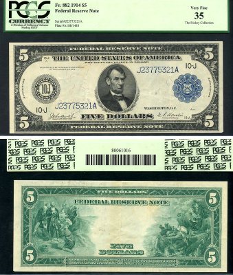 США 5 долларов 1914 Канзас-Сити, Авраам Линкольн, голубая серия, в слабе PCGS 35 Fr 882  бумага   452-1-146