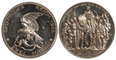 Пруссия 2 марки 1913 A, Вильгельм II (1888-1918), 100 лет победы над Наполеоном J.109, Weege 109, KM 532 серебро PROOF 00-817-53