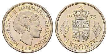 Дания 5 крон 1975 Маргрете II (1972-2024) KM 863 медно-никель UNC 87-1344