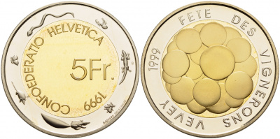 Швейцария 5 франков 1999 Винный фестиваль KM 86 биметалл PROOF 1087-3-54