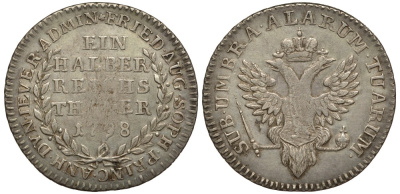 Йевер 1/2 талера 1798 Павел I, Русское правление, тираж 1000 экземпляров Mann 426, Merzdorf 133 серебро 10-010-46