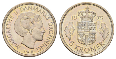 Дания 5 крон 1975 Маргрете II (1972-2024) KM 863 медно-никель UNC 87-1344