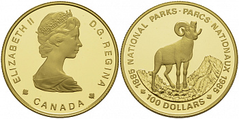 Канада 100 долларов 1985 Национальные парки, толсторог (баран) KM 144 золото PROOF 10-017-39