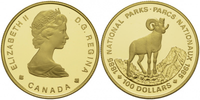 Канада 100 долларов 1985 Национальные парки, толсторог (баран) KM 144 золото PROOF 10-017-39