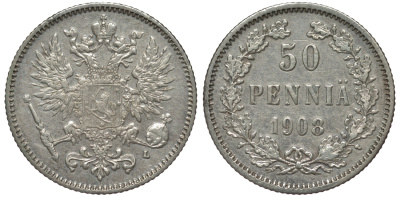 Россия для Финляндии 50 пенни 1908 L, Николай II (1894-1917) КМ 2.2, Биткин 403 серебро 75-828