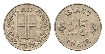 Исландия 25 эйре 1966 KM 11 медно-никель UNC 4690-639