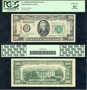 США 20 долларов 1934 SPECIMEN, образец, серия 1934D, B (Нью-Йорк), в слабе PCGS 63 Choice New Pick 431 s, Fr. 2058-B  бумага  UNC (пресс) 10-2-30