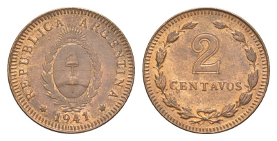 Аргентина 2 сентаво 1941 KM 38 бронза 1524-413