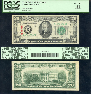 США 20 долларов 1934 SPECIMEN, образец, серия 1934D, B (Нью-Йорк), в слабе PCGS 63 Choice New Pick 431 s, Fr. 2058-B  бумага  UNC (пресс) 10-2-30
