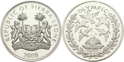 Сьерра-Леоне 10 долларов 2008 XXIX летние Олимпийские игры, Пекин 2008 - Голубь мира UC 229 серебро PROOF 1068-2-61