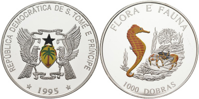 Сан-Томе и Принсипи 1000 добра 1995 серия флора и фауна, морской конёк и краб, цветная эмаль, тираж 15000 экз. KM 78 серебро PROOF 1098-1-11