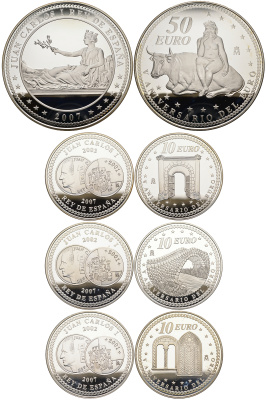 Испания набор из 4 монет (10, 10, 10, 50 евро) 2007 пять лет зоне евро, в оригинальной коробке, сертификат KM 1124,1125,1126 серебро  PROOF 14-01-04-07