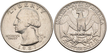 США 25 центов = квотер 1987 P, Вашингтон KM A164a медь плакированная медно-никелем 4584-1236