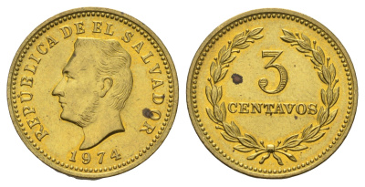 Сальвадор 3 сентаво 1974 год тип, Франсиско Морасан KM 148 никель латунь UNC 4124-1137