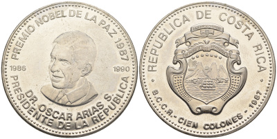 Коста-Рика 100 колон 1987 Оскар Ариас, лауреат Нобеловской премии, президент (1986-1990) KM 224 медно-никель  UNC  11-144-32