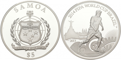 Самоа 5 тала 2013 FIFA, Чемпионат мира по футболу в Бразилии 2014 KM NEW серебро PROOF 11-116-35