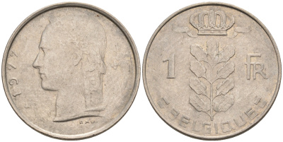 Бельгия 1 франк 1977 Belgique, Бодуэн I (1951-1993) KM 142.1 медно-никель 4563-1123