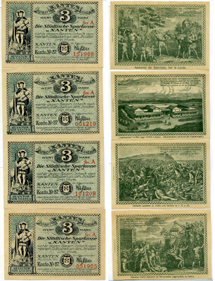 КСАНТЕН НАБОР ИЗ 4 БАНКНОТ ПО 3 МАРКИ 1921 1921 - 31 ДЕКАБРЯ 1922, WERTMARK, НОТГЕЛЬД, ЗЕМЛЯ СЕВЕРНЫЙ РЕЙН-ВЕСТФАЛИЯ. СЕРИЯ А, KONTO №87, НОМЕР 1, 2, 3, 4 Grabowski 1465.1а бумага 2193-3-2-2