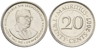 Маврикий 20 центов 2007 KM 53 сталь плакированная никелем UNC 4523-643