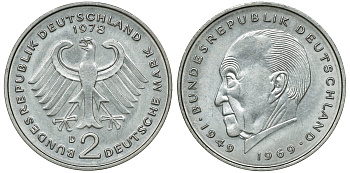 ФРГ 2 марки 1978 D, Конрад Аденауэр KM 124, J. 406 медно-никель плакированный никелем UNC 4681-917