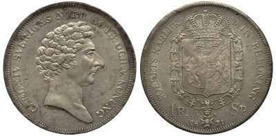 Швеция 1 риксдалер 1831 Карл XIV, львы, штемпельный блеск KM 632 серебро 00-000-00
