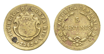 Коста-Рика 5 сентимо 1943 KM 179 латунь 4644-314