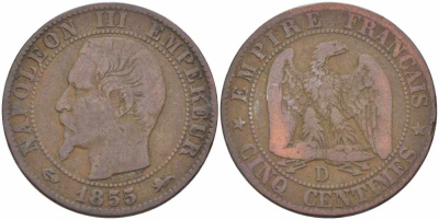 ФРАНЦИЯ 5 САНТИМОВ 1855 D, НАПОЛЕОН III (1852-1870) KM 777.4, LE FRANC 116.23 бронза 108-347