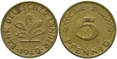 ФРГ 5 ПФЕННИГОВ 1949 D KM 102, J. 377 сталь плакированная латунью 261-1649