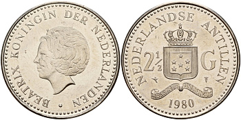 Нидерландские Антилы 2 1/2 гульдена 1980 Беатрикс (1980-2013) KM 19 никель UNC 4179-425