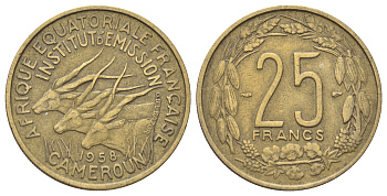 Французская Экваториальная Африка, Камерун 25 франков 1958 год-тип KM 12 алюминиевая бронза 63-227