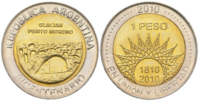 Аргентина 1 песо 2010 200 лет Аргентине - ледник Перито-Морено KM 160 биметалл UNC 4620-655