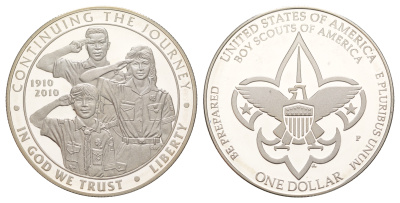 США 1 доллар 2010 100 лет бойскаутам Америки, в оригинальной коробке, с сертификатом KM 480 серебро PROOF 3-4-10-10