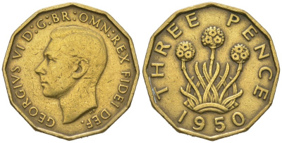 Великобритания 3 пенса 1950 Георг VI (1936-1952), редкий год KM 873, Spink 4113 никель латунь 4163-717