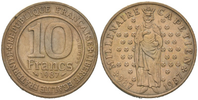 Франция 10 франков 1987 Тысячелетие династии Капетингов KM 961 никель латунь 4582-323