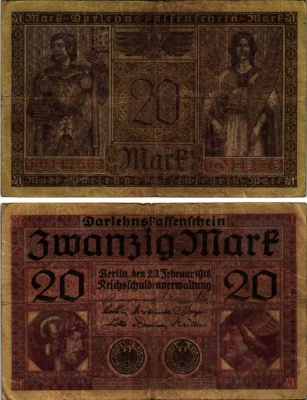 ГЕРМАНИЯ 20 МАРОК 1918 20 ФЕВРАЛЯ 1918, СЕРИЯ D, КРАСНАЯ, МИНЕРВА И МЕРКУРИЙ Pick 57, Rosenberg 55 бумага 7183-61-2-1