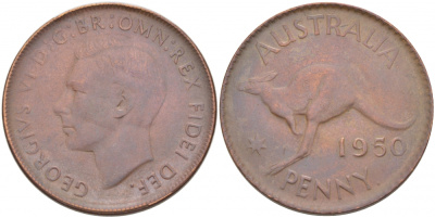 Австралия 1 пенни 1950 p, Георг VI (1936-1952), кенгуру KM 43 бронза 4403-934