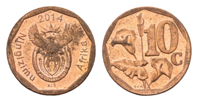 ЮАР 10 центов 2014 герб, цветок алоэ сталь плакированная бронзой UNC 4687-521