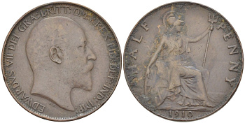 Великобритания 1/2 пенни 1910 Эдуард VII (1901-1910) KM 793.2, Spink 3991 бронза 4380-944