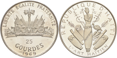 Гаити 25 гурдов 1969 10 лет революции, 155 гр. KM 67.1 серебро PROOF 1069-4-43