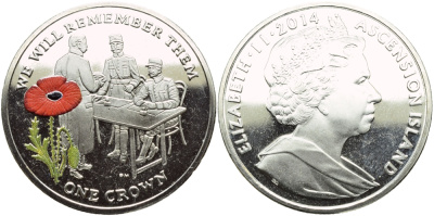 Остров Вознесения 1 крона 2014 в память героев первой мировой войны, допрос, красный мак KM NEW медно-никель, эмаль PROOF 1071-4-53