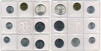 Сан-Марино годовой набор из 8 монет 1974 1, 2, 5, 10, 20, 50, 100 и 500 лир два стилизованных голубя KM 30-37, в оригинальной пластиковой запайке серебро KM MS3 серебро UNC 2-5-1-49